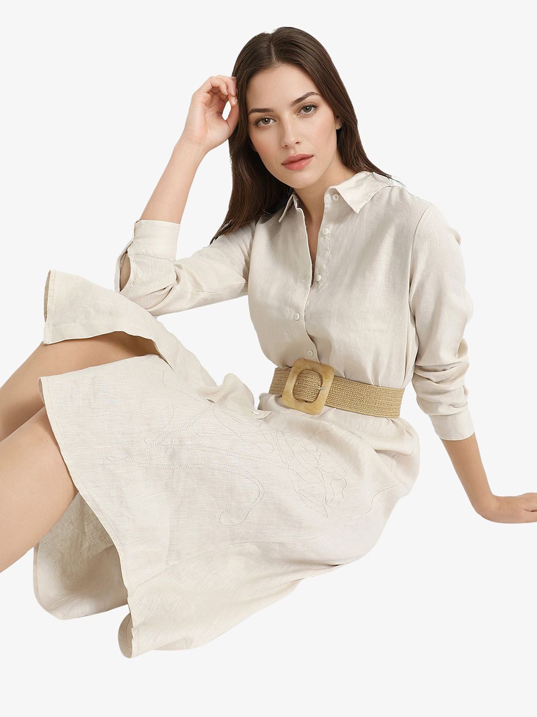 RAREISM Shirt Collar Linen A-Line Midi Dress