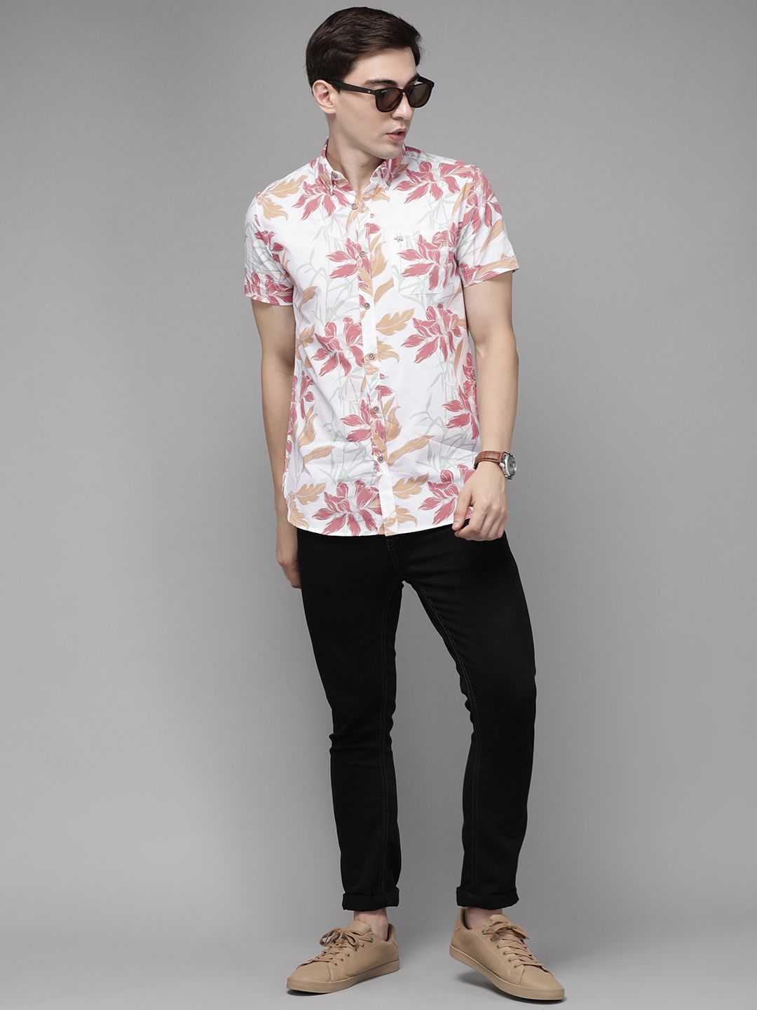 THE BEAR HOUSE Men White Slim Fit Floral Print Pure Cotton Casual Shirt