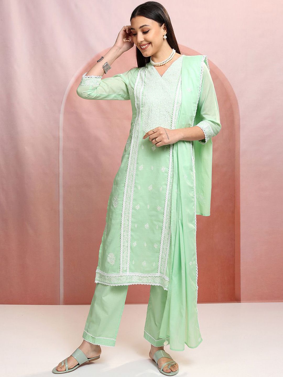 Vishudh Floral Embroidered Pure Cotton Straight Kurta with Trousers & With Dupatta