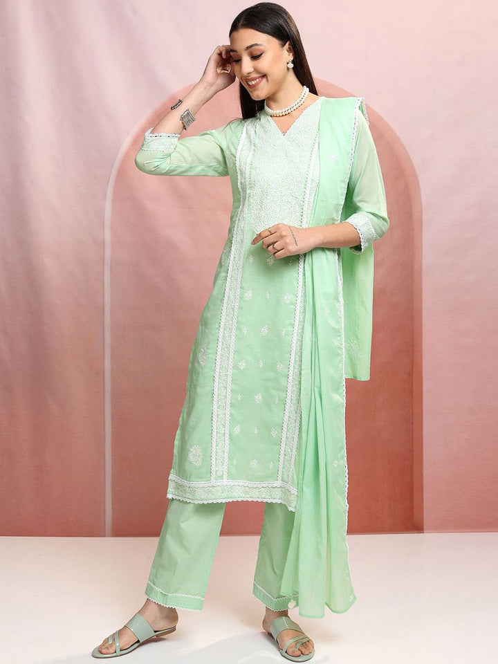 Vishudh Floral Embroidered Pure Cotton Straight Kurta with Trousers & With Dupatta