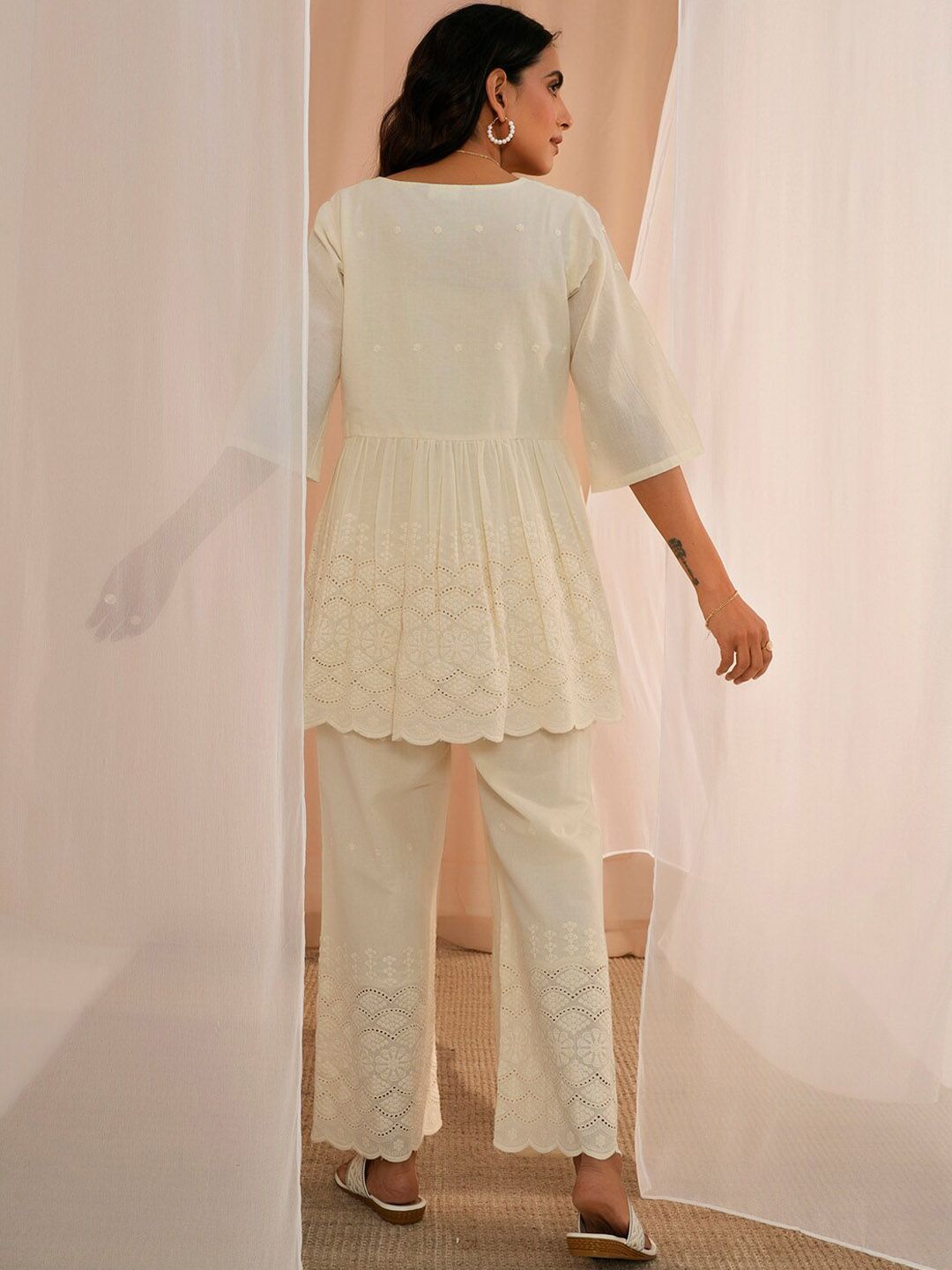 Libas Off White Self Design Round Neck Pure Cotton Flared Anarkali Kurta With Palazzo