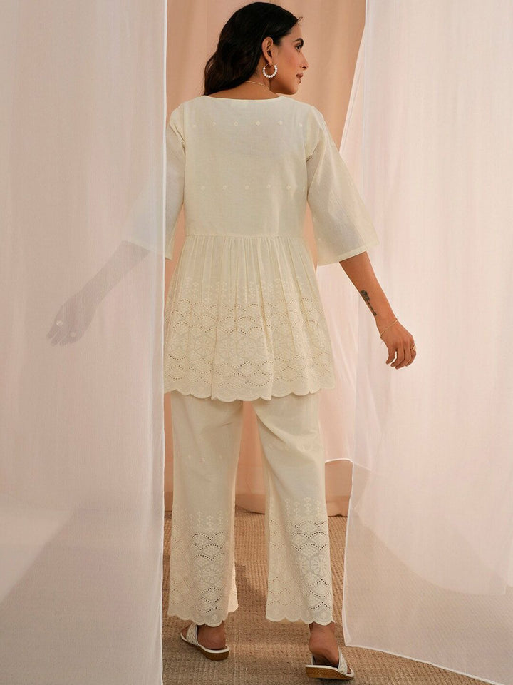 Libas Off White Self Design Round Neck Pure Cotton Flared Anarkali Kurta With Palazzo