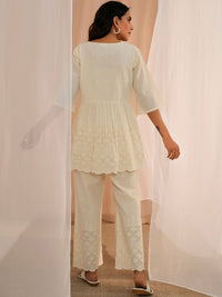 Libas Off White Self Design Round Neck Pure Cotton Flared Anarkali Kurta With Palazzo