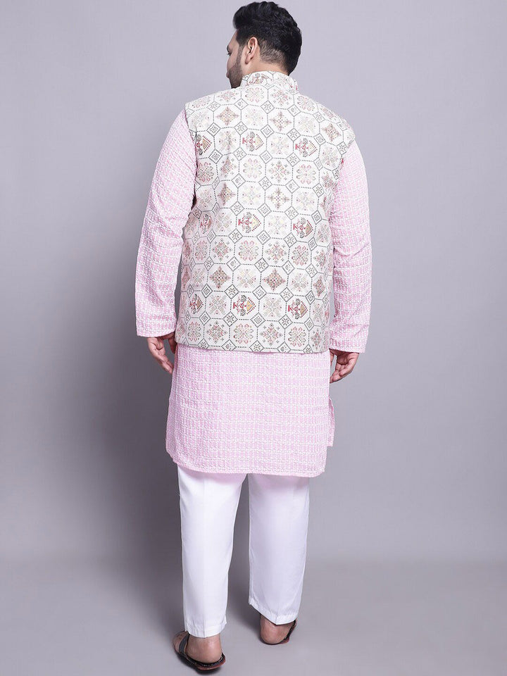 SOJANYA PLUS Etnik Sulam Kurta Kapas Tulen Lurus & Piyama Dengan Jaket Nehru