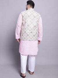 SOJANYA PLUS Etnik Sulam Kurta Kapas Tulen Lurus & Piyama Dengan Jaket Nehru