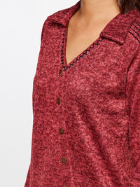Global Desi Women Maroon Solid Shirt Collar Long Sleeves Tunic