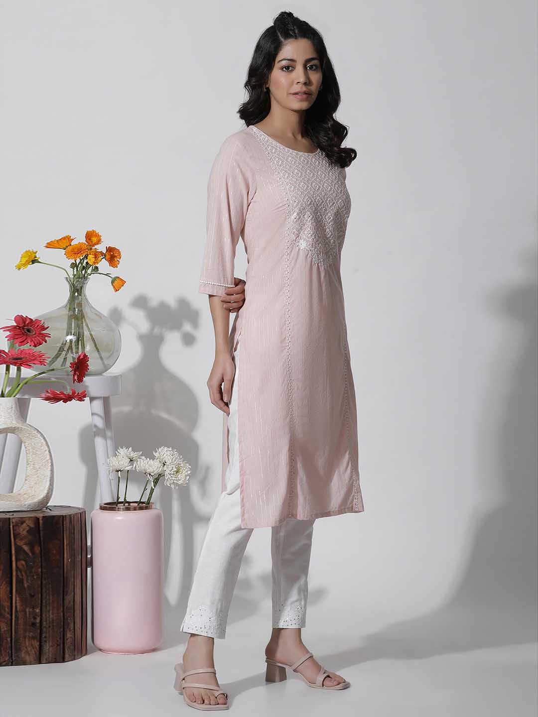 W Floral Yoke Design Thread Work Straight Kurta
