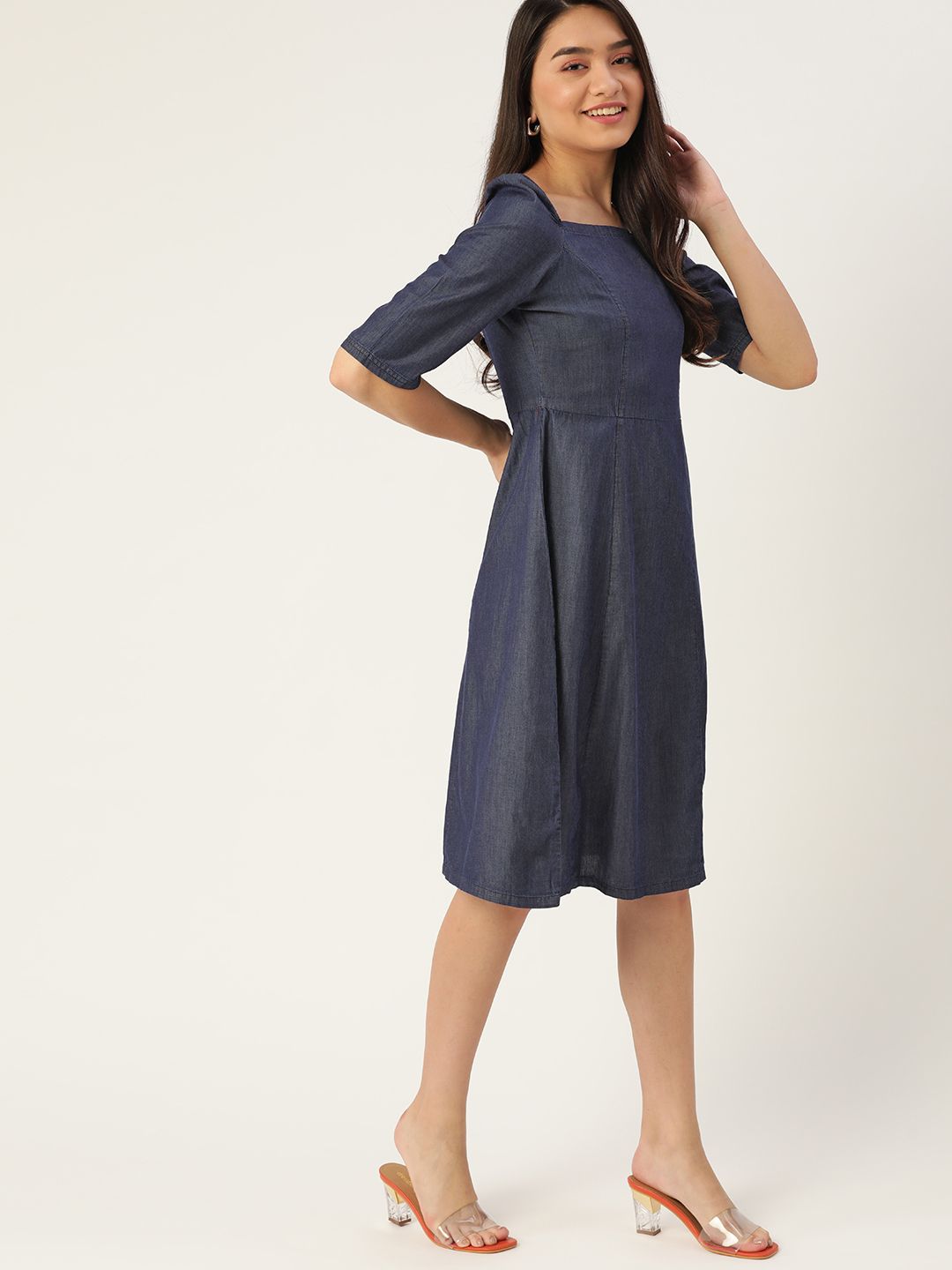 DressBerry Navy Blue Pure Cotton Chambray A-Line Dress