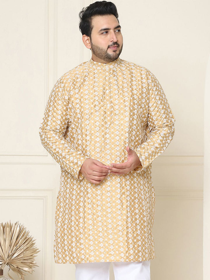 SOJANYA PLUS Lelaki Kurta Sulam Chikankari Emas & Putih
