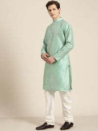SOJANYA Men Sea Green & Beige Striped Thread Work Straight Kurta Churidar & Nehru Jacket