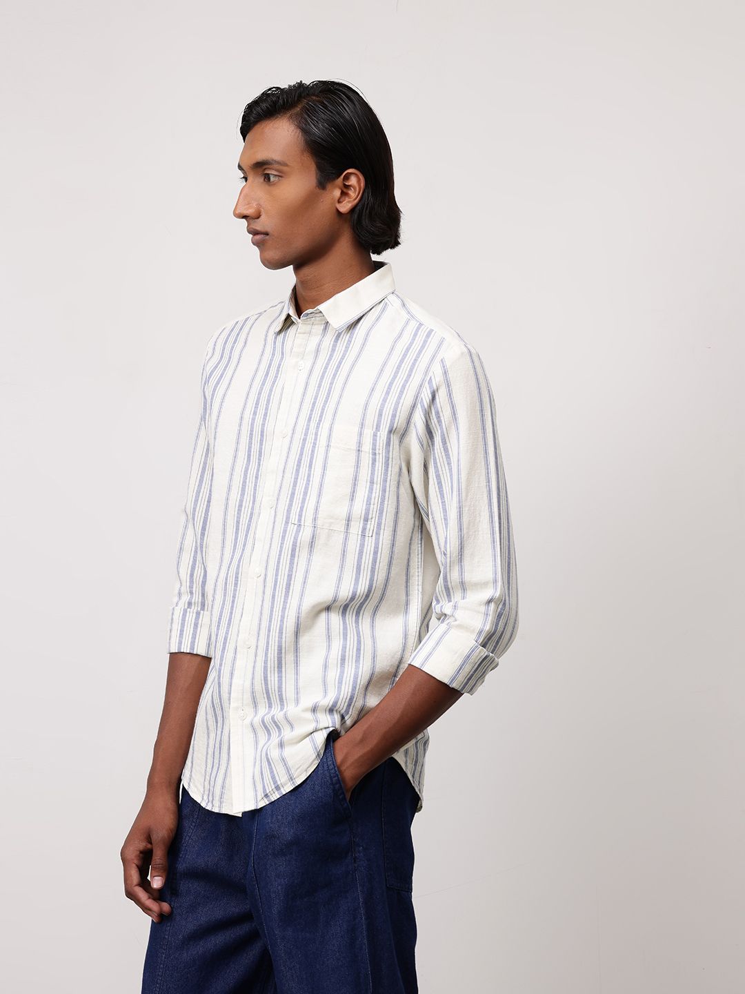 ether Men Classic FitCotton Linen Striped Casual Shirt