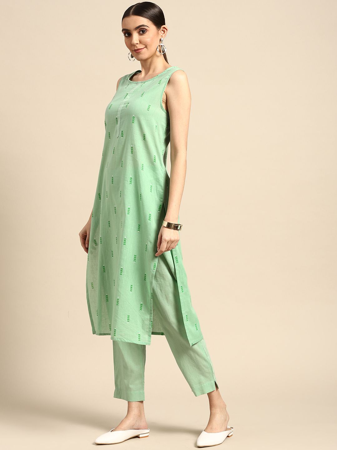 Anouk Women Sea Green Ethnic Motifs Printed Pure Cotton Kurta with Trousers