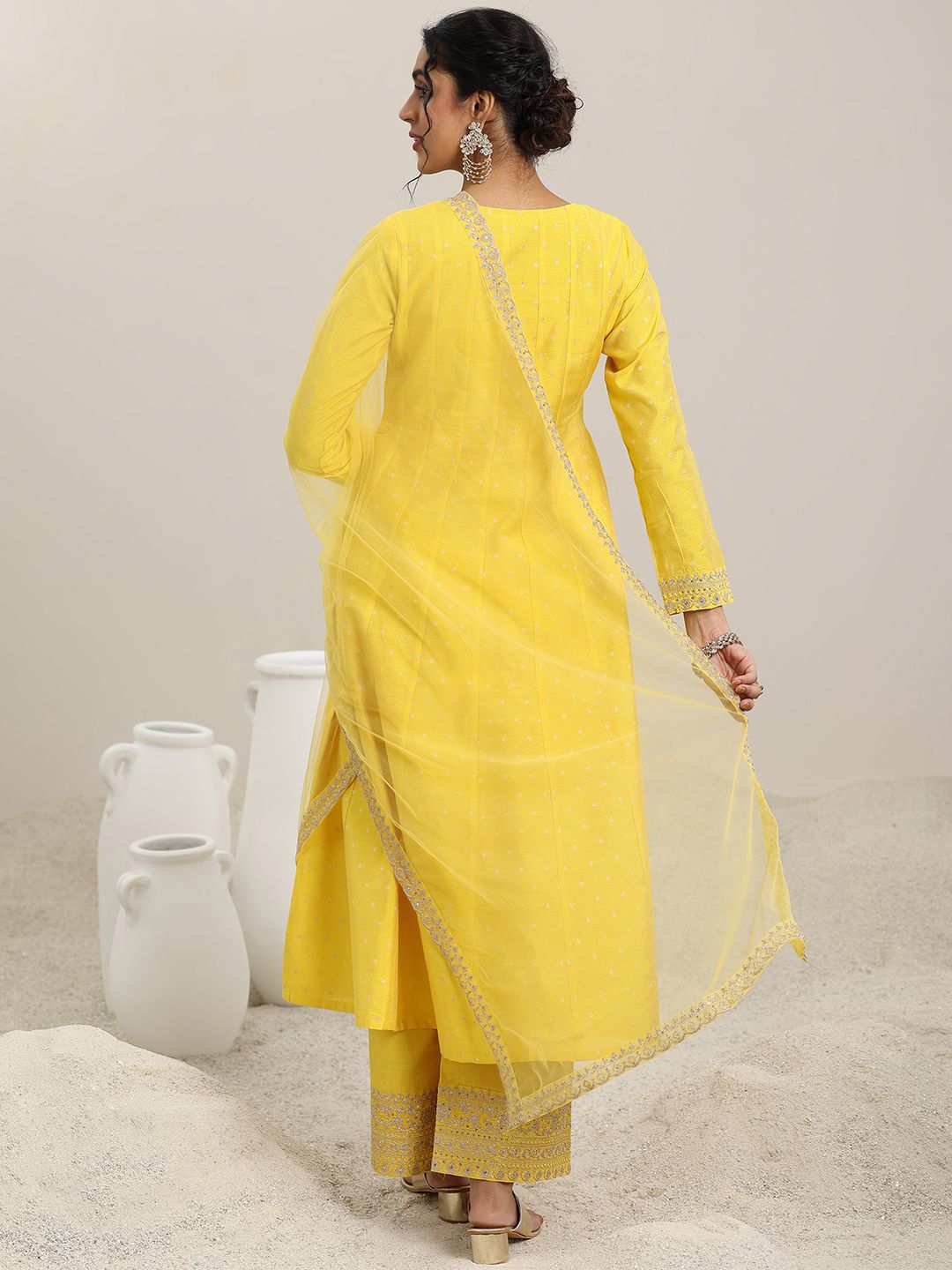 Libas Embroidered Panelled Chanderi Silk A-Line Kurta with Trouser & Dupatta