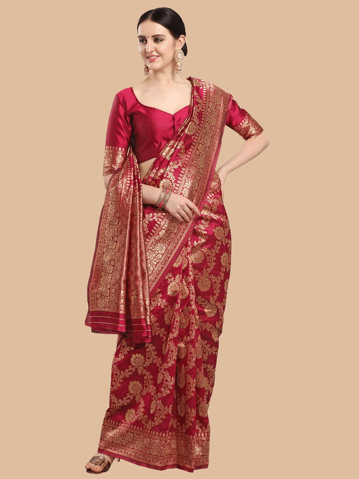 KALINI Maroon & Gold Ethnic Motifs Zari Silk Blend Banarasi Saree