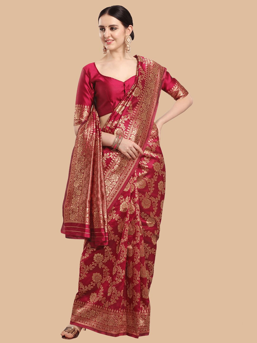 KALINI Maroon & Gold Ethnic Motifs Zari Silk Blend Banarasi Saree