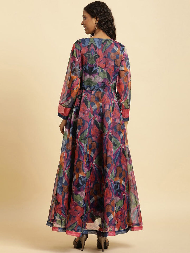 W Navy Blue Floral Printed Fit & Flare Ethnic Dress