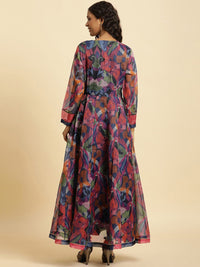 W Navy Blue Floral Printed Fit & Flare Ethnic Dress