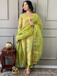 KALINI Floral Embroidered V-Neck Thread Work Straight  Kurta with Trousers & Dupatta