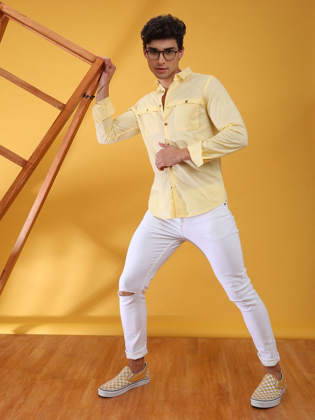 The Indian Garage Co Men Yellow Slim Fit Solid Pure Cotton Casual Shirt