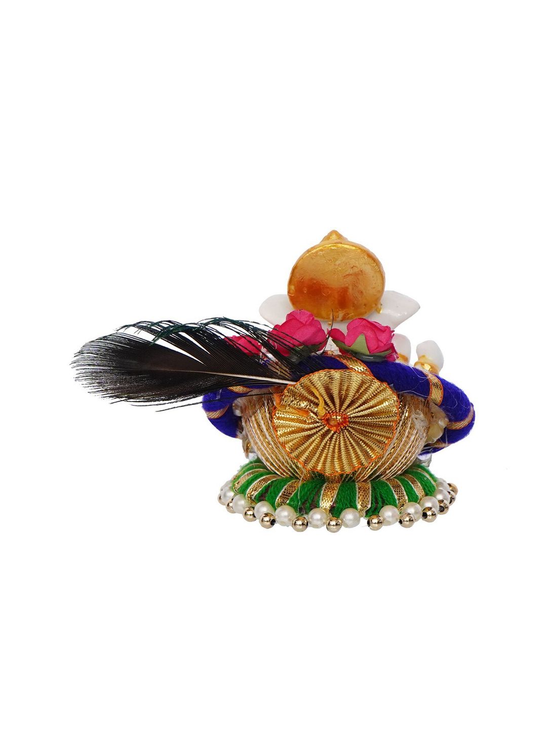eCraftIndia Blue & White Handcrafted Lord Ganesha Idol on Floral Plate with Peacock Feather Decorative Showpiece