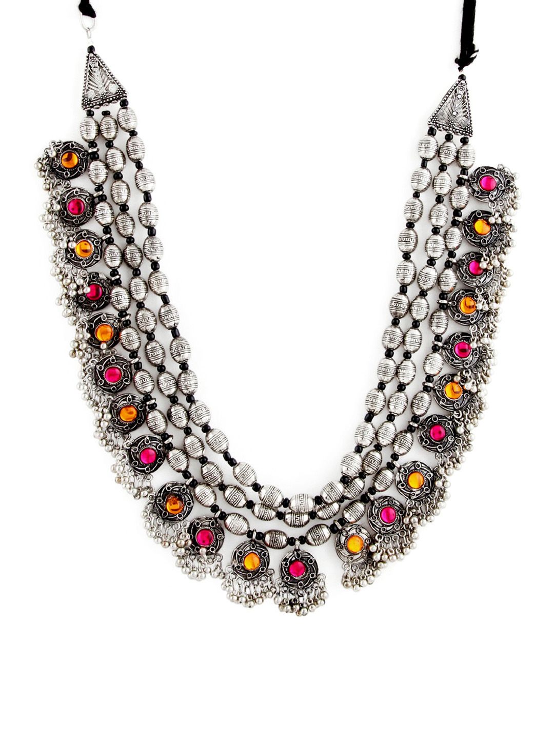 Rubans Oxidised Silver Plated Pink & Orange StoneMultilayered Handcrafted Antique Necklace