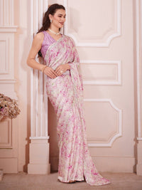 Saree mall Floral Printed Beads & Stones Satin Saree