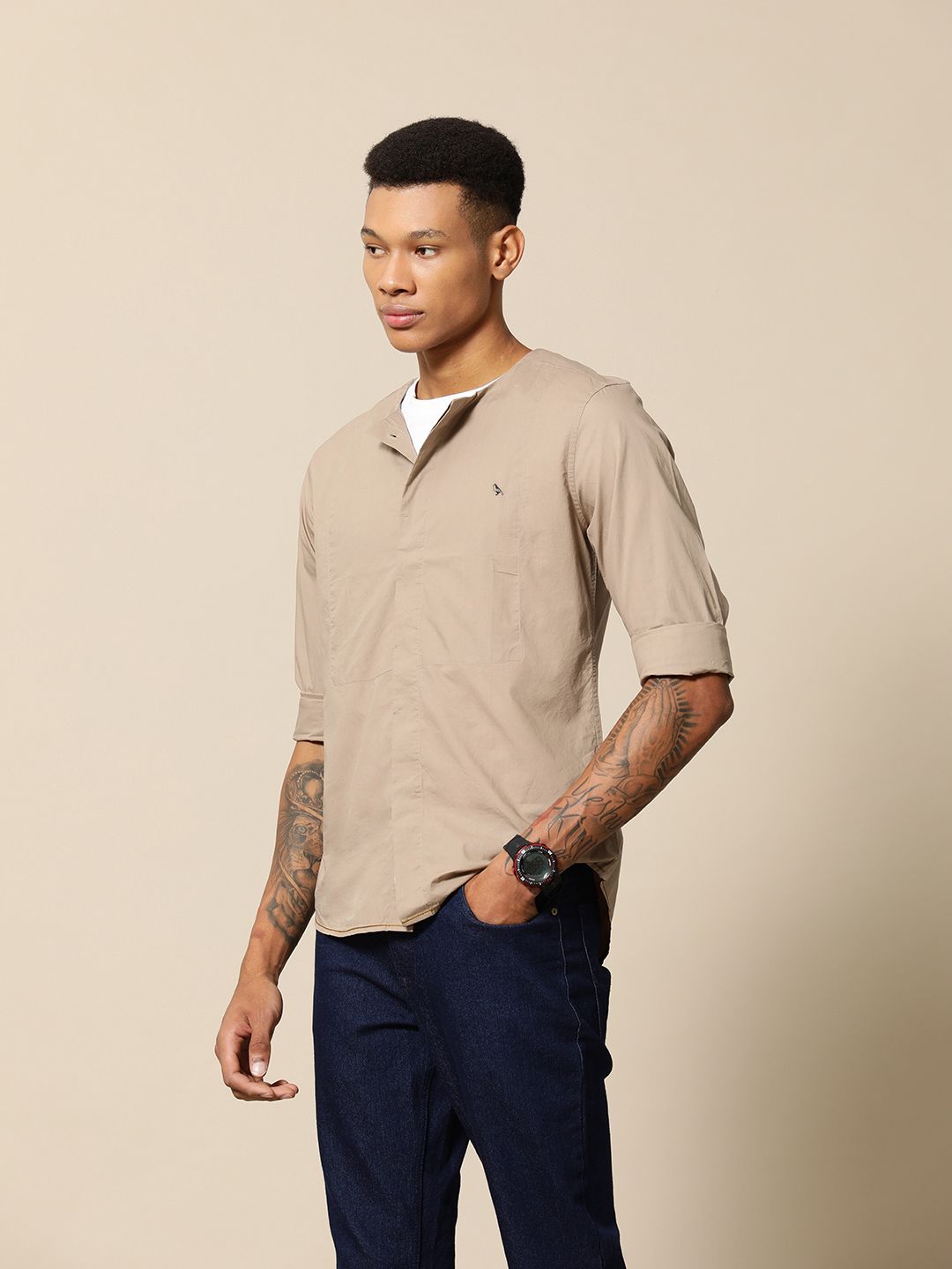 Mr Bowerbird Tailored Fit Pure Cotton Compact Poplin Crew Neck Shirt