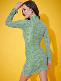 Berrylush Green Floral Printed High Neck Long Sleeves Bodycon Mini Dress