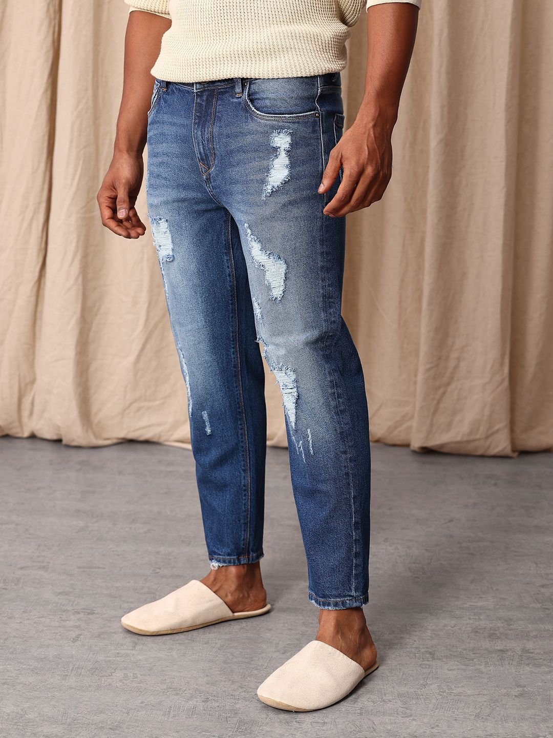 Mr Bowerbird Men Cropped Tapered Fit Mildly Distressed Heavy Fade Printed Jeans