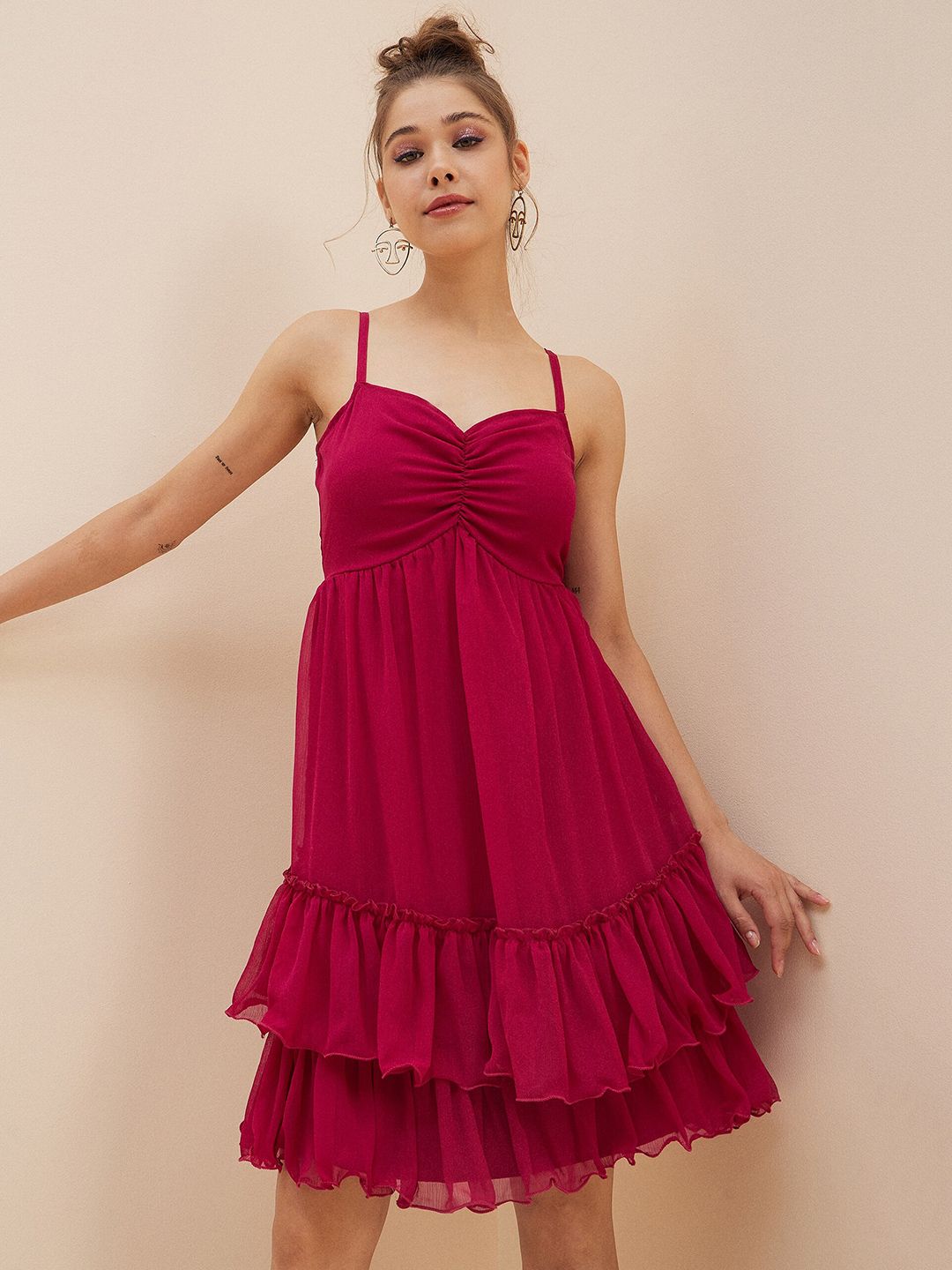 Antheaa Pink Layered Chiffon Empire Dress