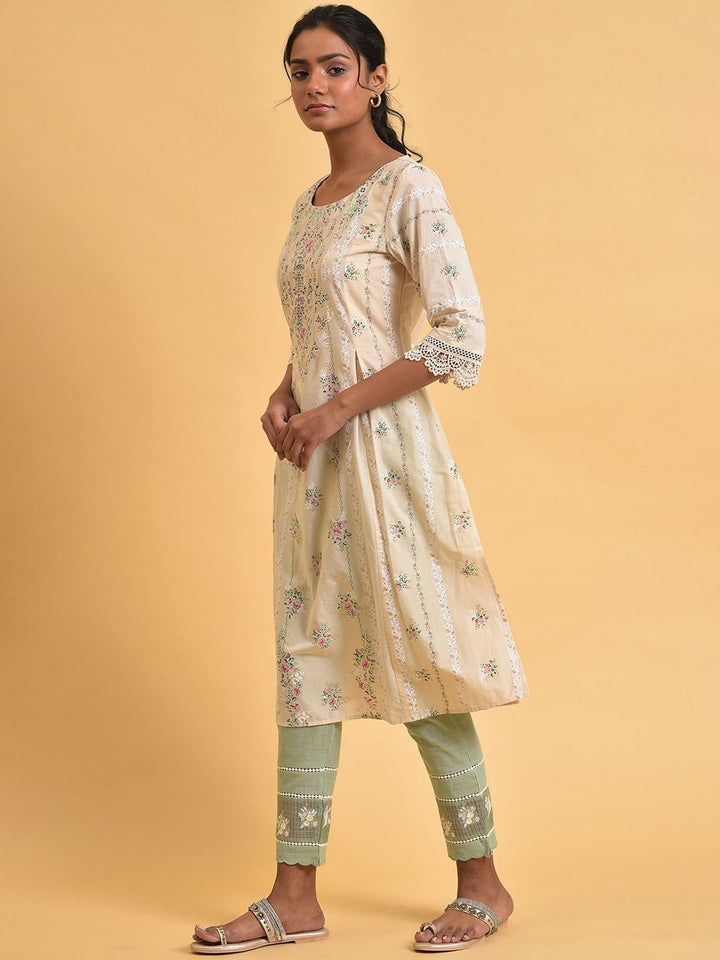 W Floral Printed Round Neck Pure Cotton A-Line Kurta