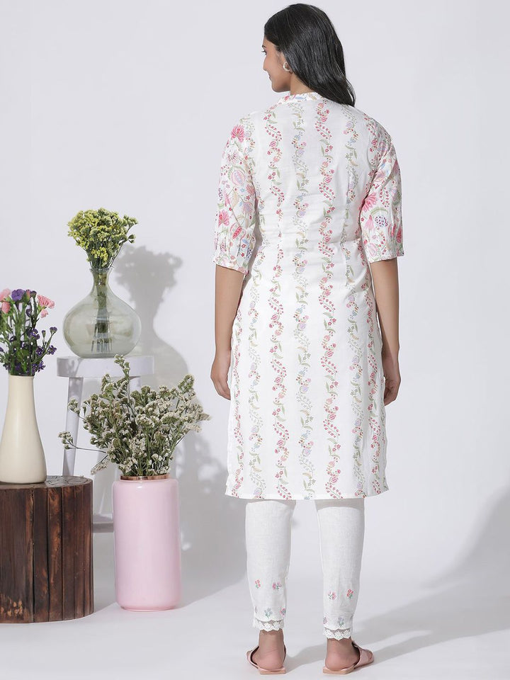 W Floral Printed Mandarin Collar Puffed Sleeves Regular Pure Cotton Kurta With Trousers