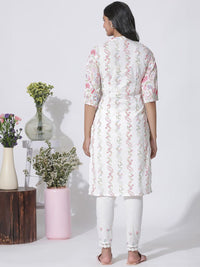 W Floral Printed Mandarin Collar Puffed Sleeves Regular Pure Cotton Kurta With Trousers