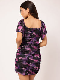 DressBerry Sassy Silhouette Printed Ruched Flared Sleeve Mini Dress