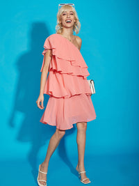 SASSAFRAS Pink One Shoulder Layered Georgette A-Line Dress