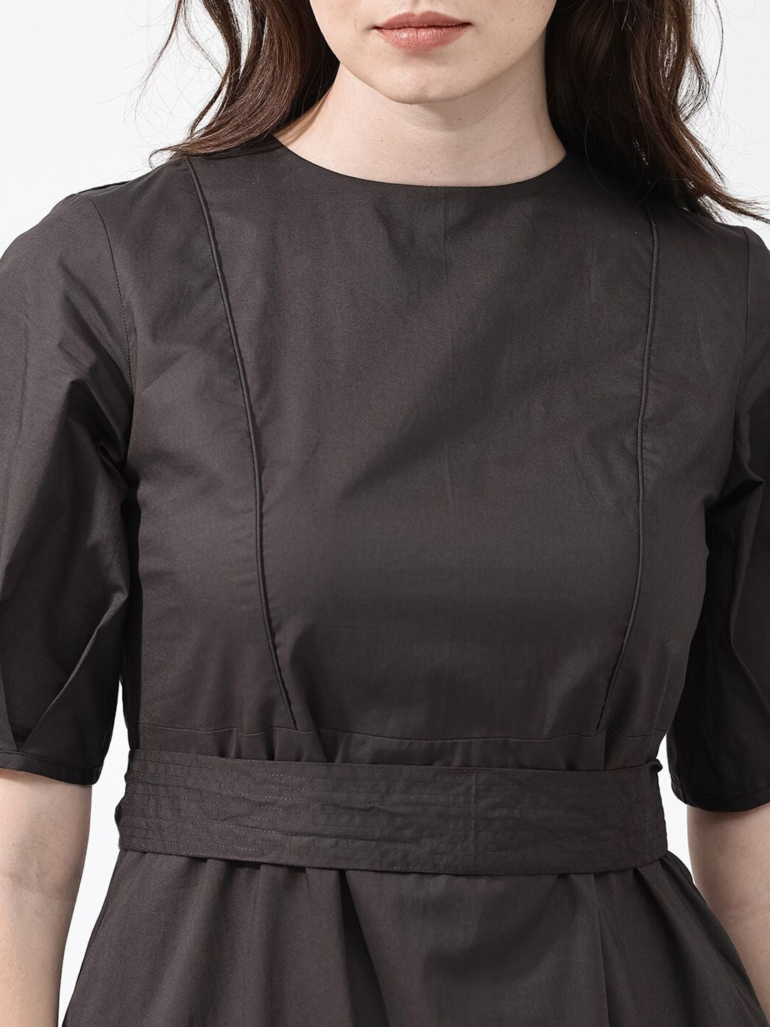 RAREISM Short Sleeves Mandarin Collar Cotton A-Line Midi Dress