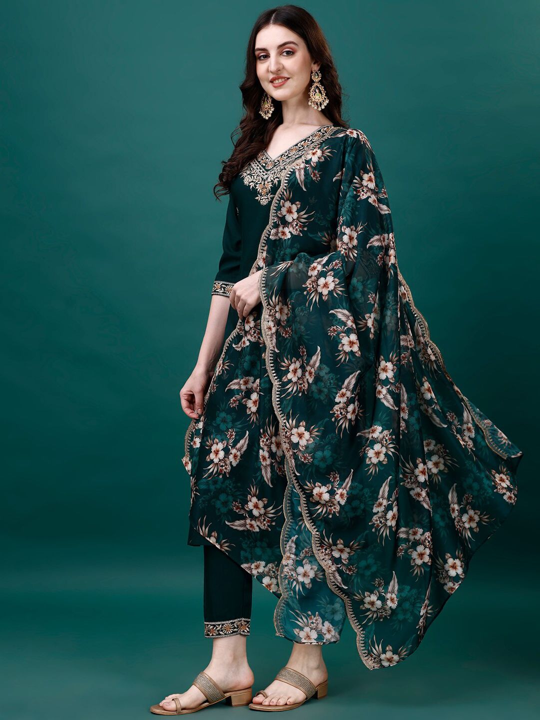 KALINI Floral Embroidered Sequinned Kurta & Trousers With Dupatta