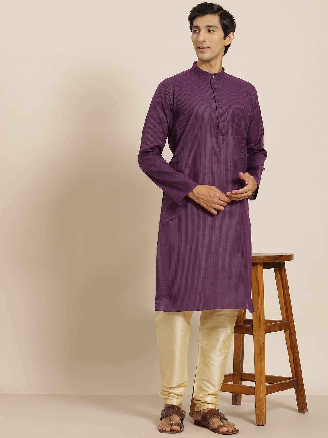 SOJANYA Lelaki Aubergine Striped Cotton Straight Kurta