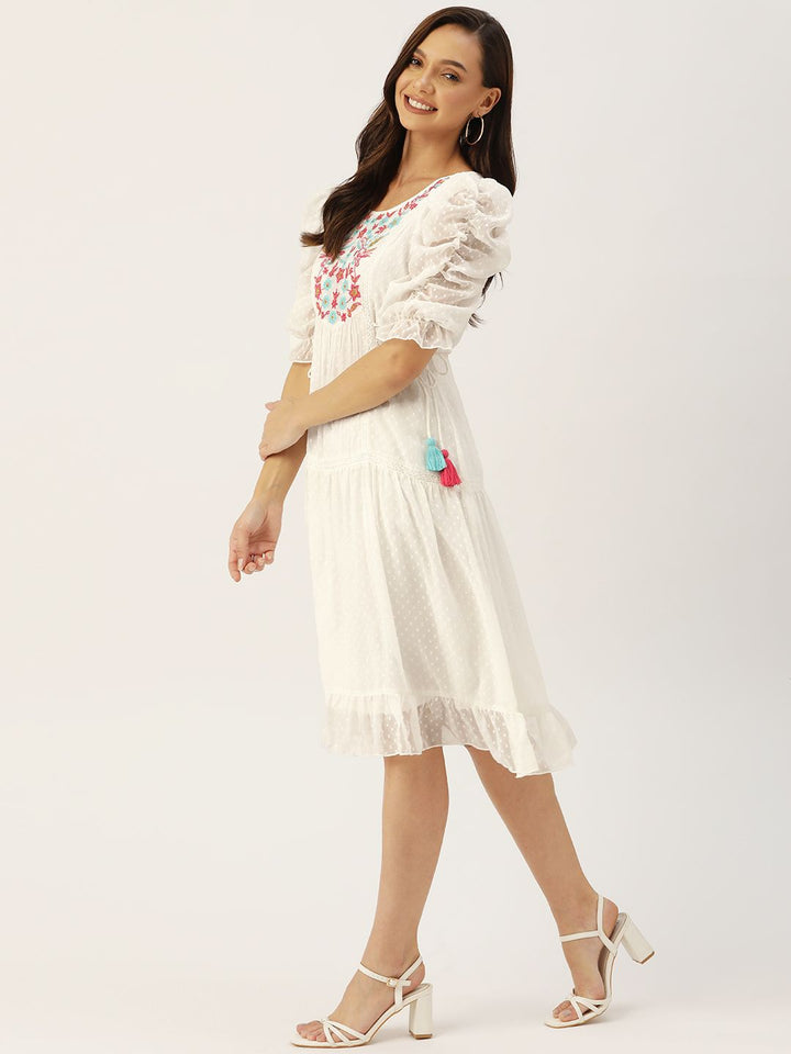 Antheaa White Floral Chiffon Embroidered Laced A-Line Dress