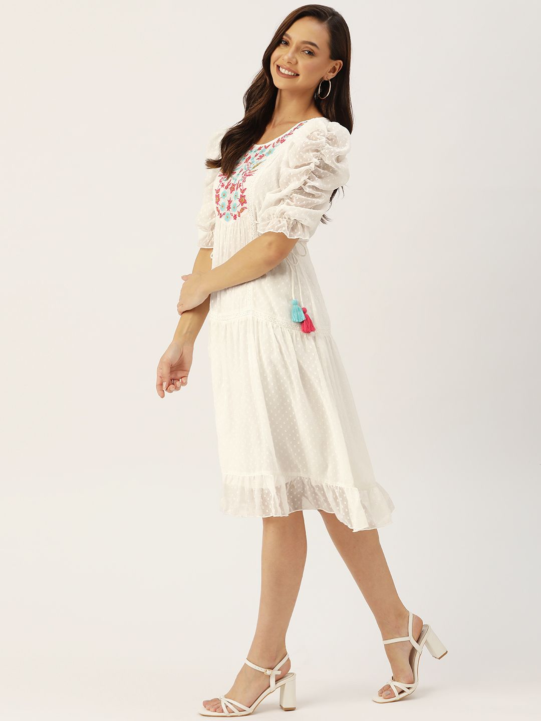Antheaa White Floral Chiffon Embroidered Laced A-Line Dress