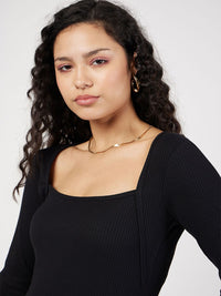 SASSAFRAS Black Ribbed Square Neck Fitted Top