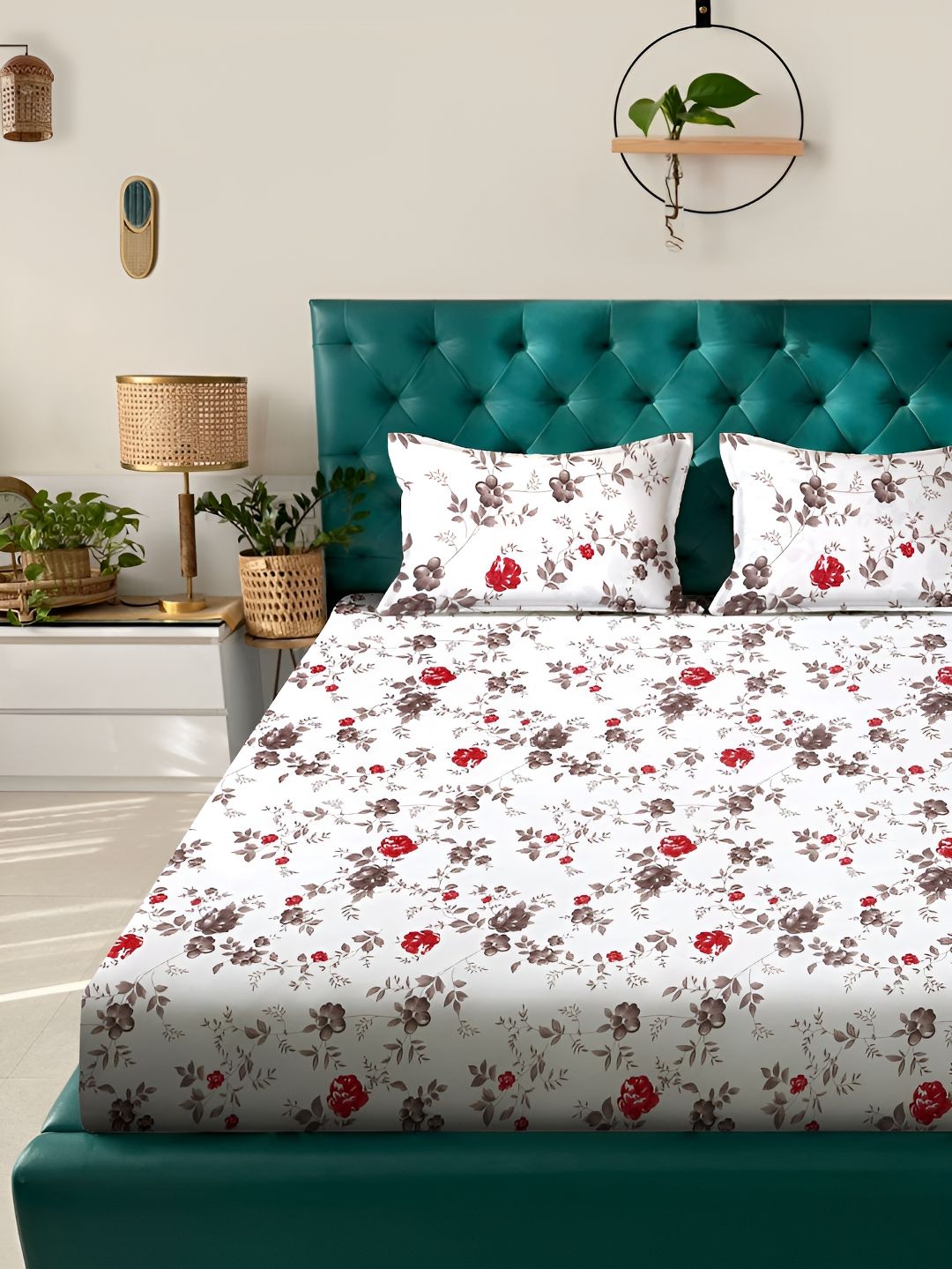 KLOTTHE Kapas Bunga Putih 300 TC Cadar King dengan 2 Sarung Bantal-250 x 225 cm