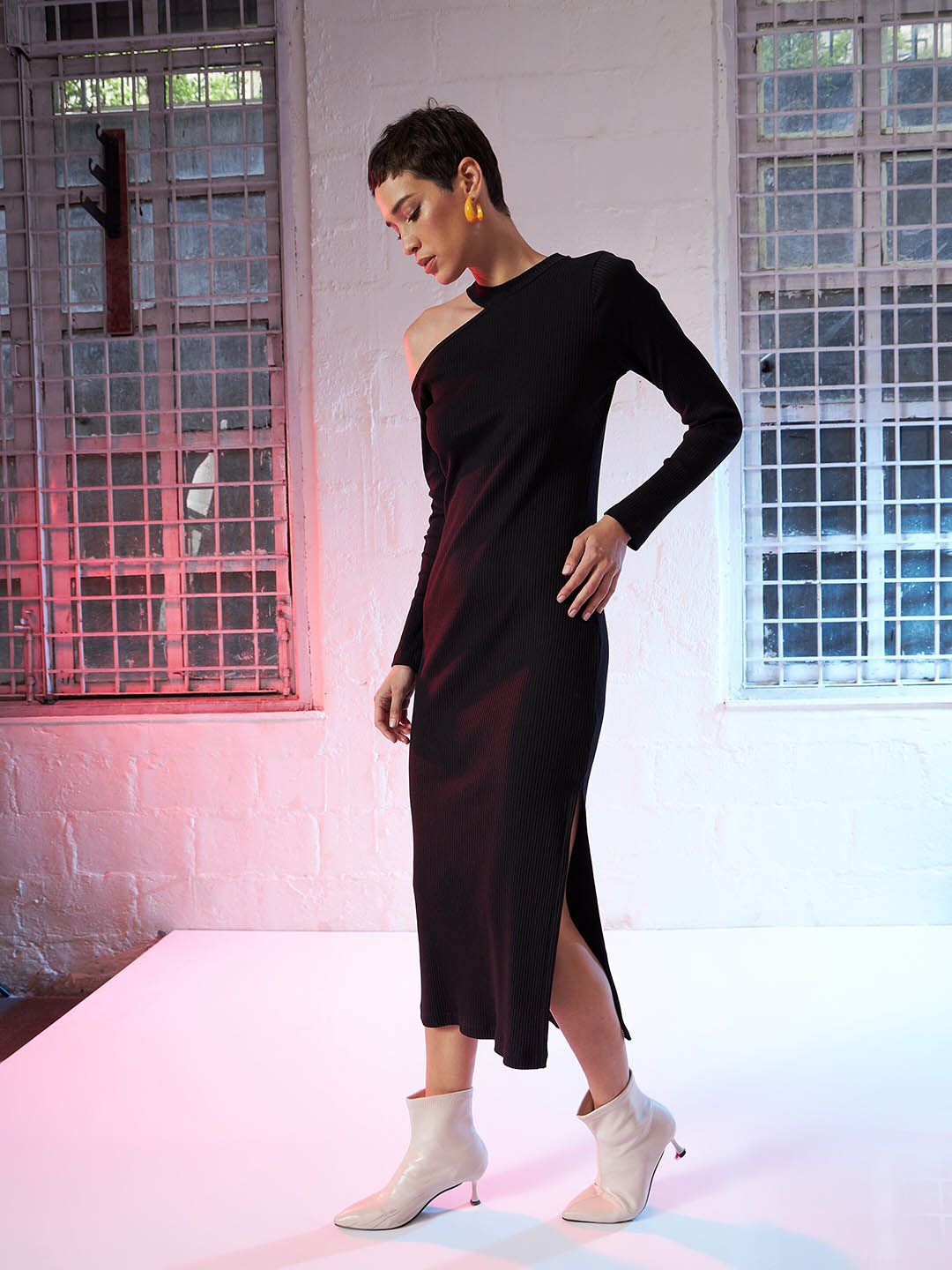 SASSAFRAS Black Round Neck Long Sleeve Cut-Outs Sheath Midi Dress