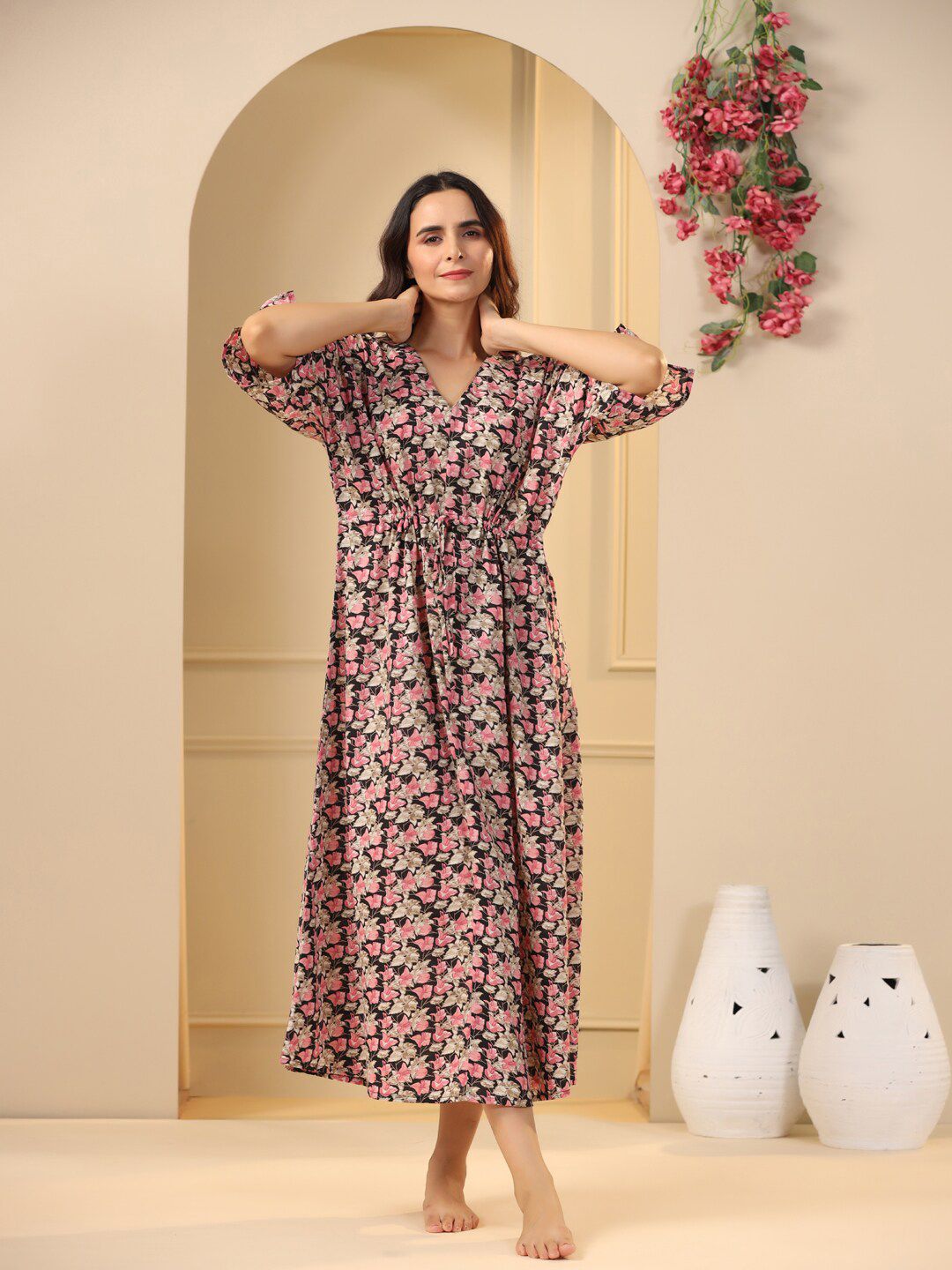 SANSKRUTIHOMES Black Floral Printed Pure Cotton Maxi Nightdress