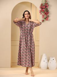 SANSKRUTIHOMES Black Floral Printed Pure Cotton Maxi Nightdress