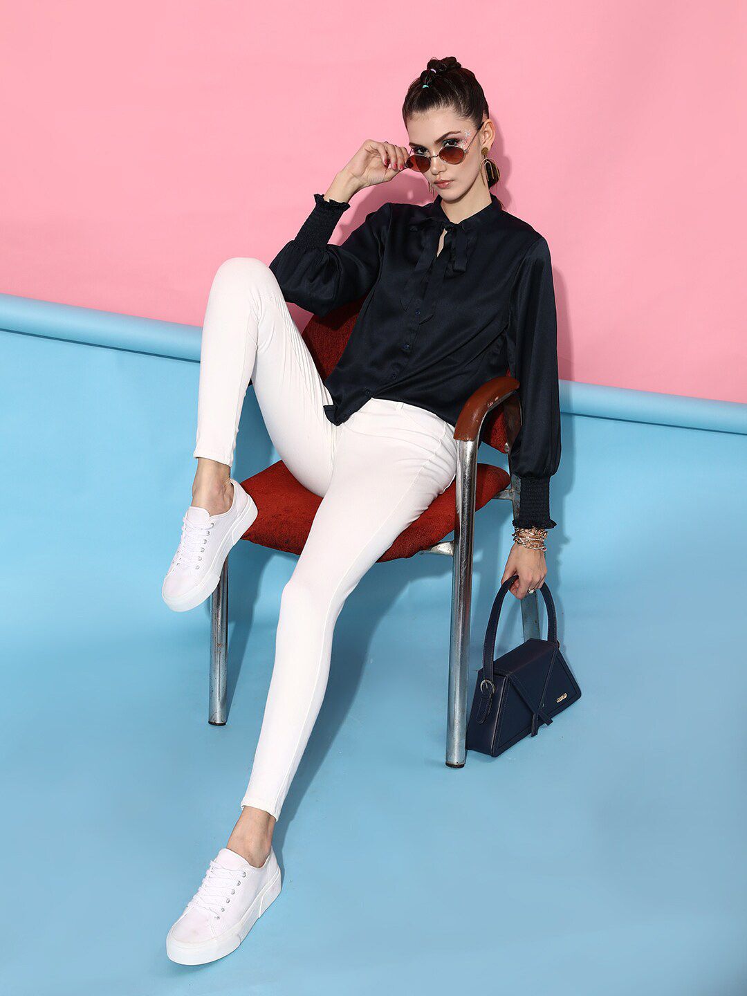 STREET 9 Women Navy Blue Tie-Up Neck Casual Shirt