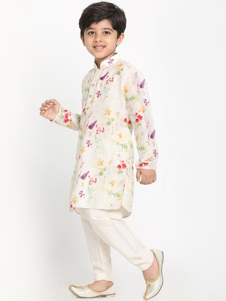 VASTRAMAY Boys Cream-Coloured Floral Printed Kurta with Pyjamas