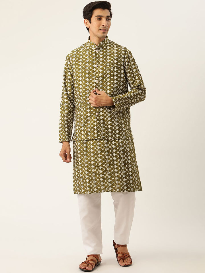 SOJANYA Set Kurta Sulam Lelaki Motif Etnik Hijau Dengan Jaket Nehru