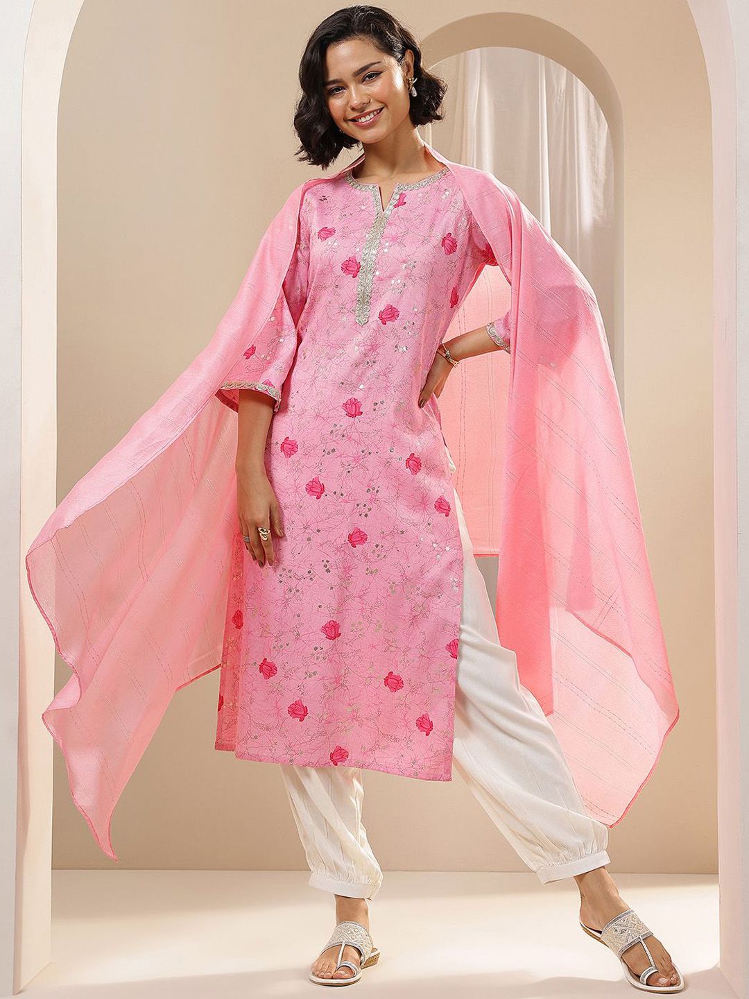 Libas Women Floral Printed Regular Sequinned Kurta with Salwar & With Dupatta