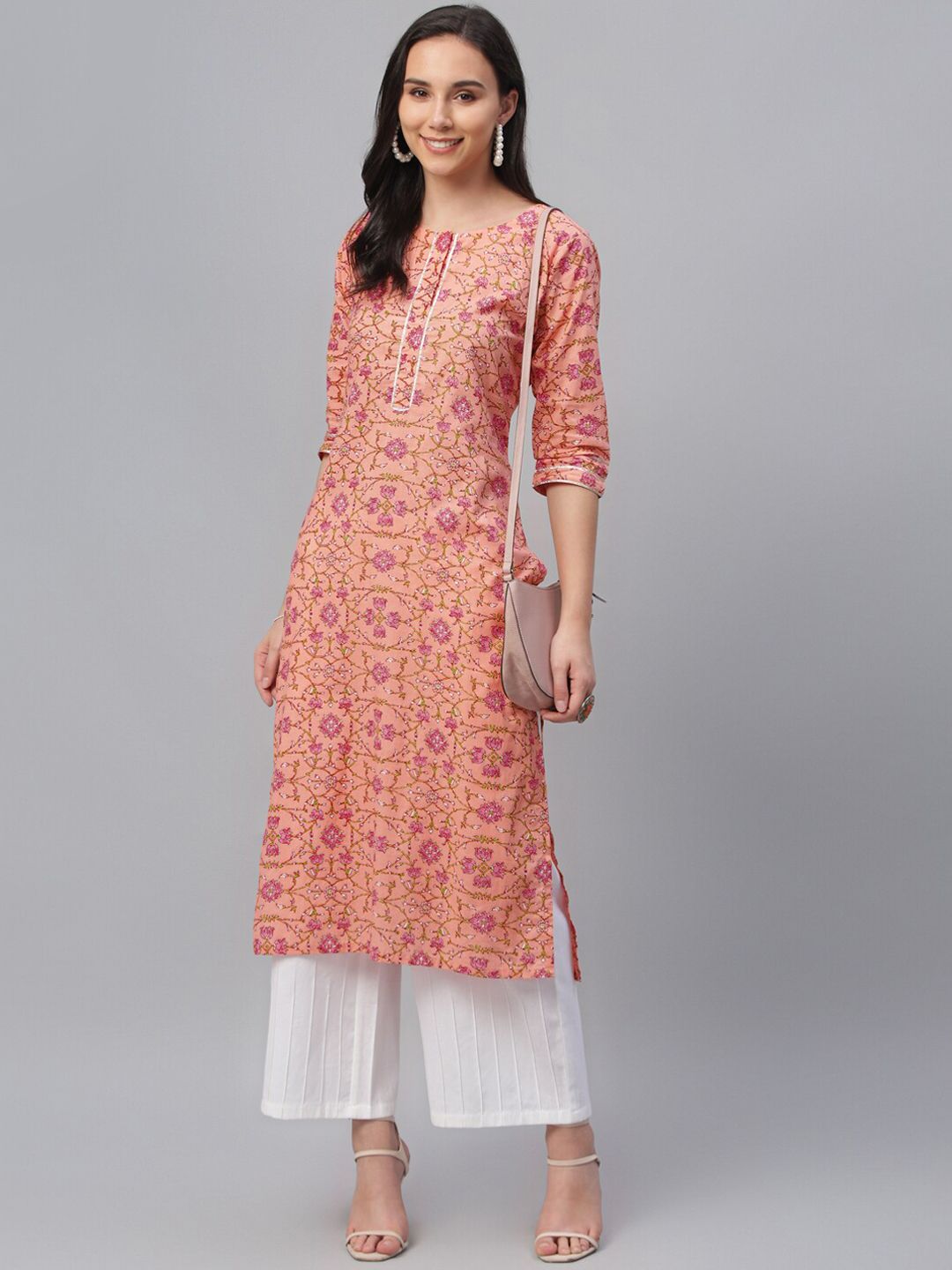 Libas Women Peach & Pink Floral Print Straight Kurta